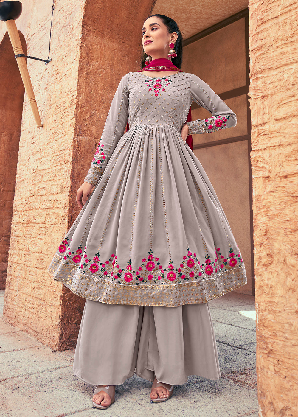 Buy Now Attractive Georgette Grey Embroidered Palazzo Salwar Suit Online in USA, UK, Canada, Germany, Australia & Worldwide at Empress Clothing. 