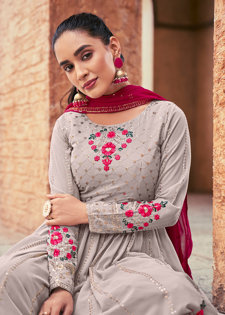 Buy Now Attractive Georgette Grey Embroidered Palazzo Salwar Suit Online in USA, UK, Canada, Germany, Australia & Worldwide at Empress Clothing. 