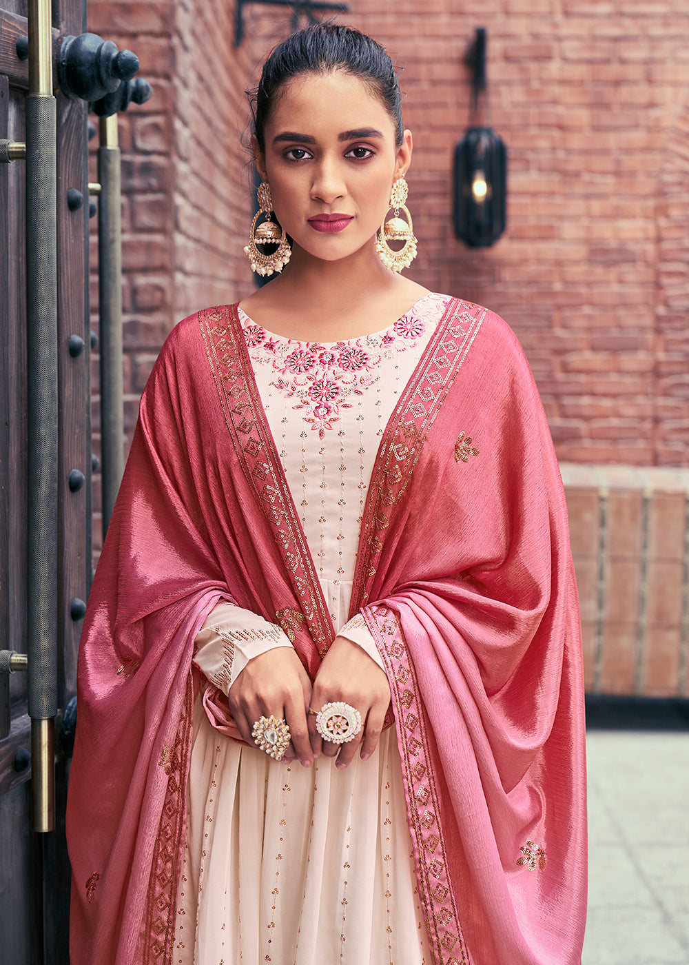 Buy Now Attractive Georgette Baby Pink Embroidered Palazzo Salwar Suit Online in USA, UK, Canada, Germany, Australia & Worldwide at Empress Clothing.