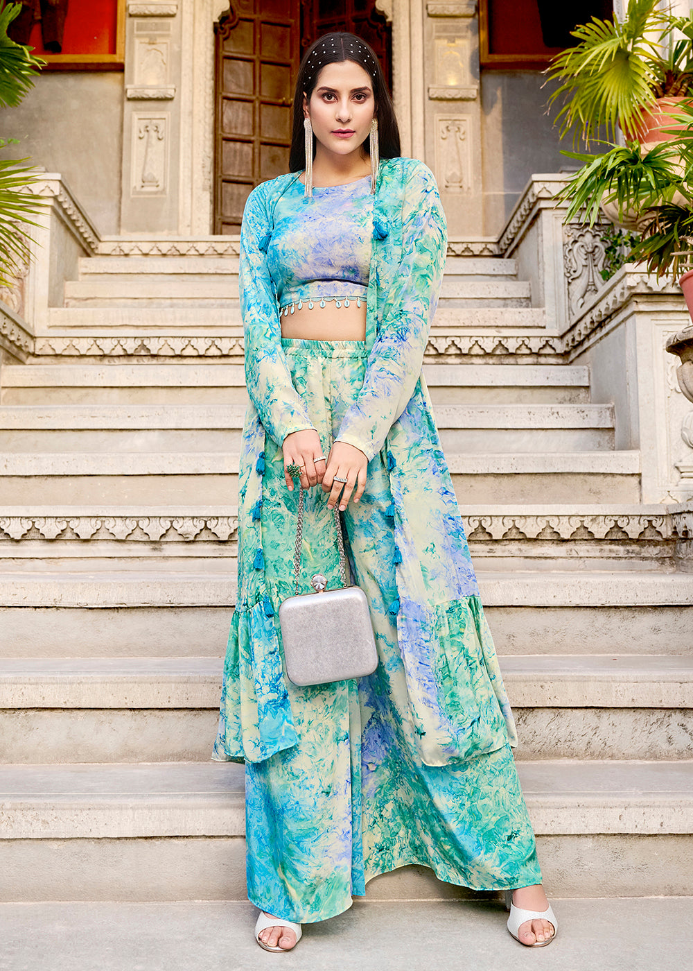 Buy Now Charming Sky Blue Printed Koti Style Co-Ords Indo-Western Suit Online in USA, UK, Canada, Germany, Australia & Worldwide at Empress Clothing.