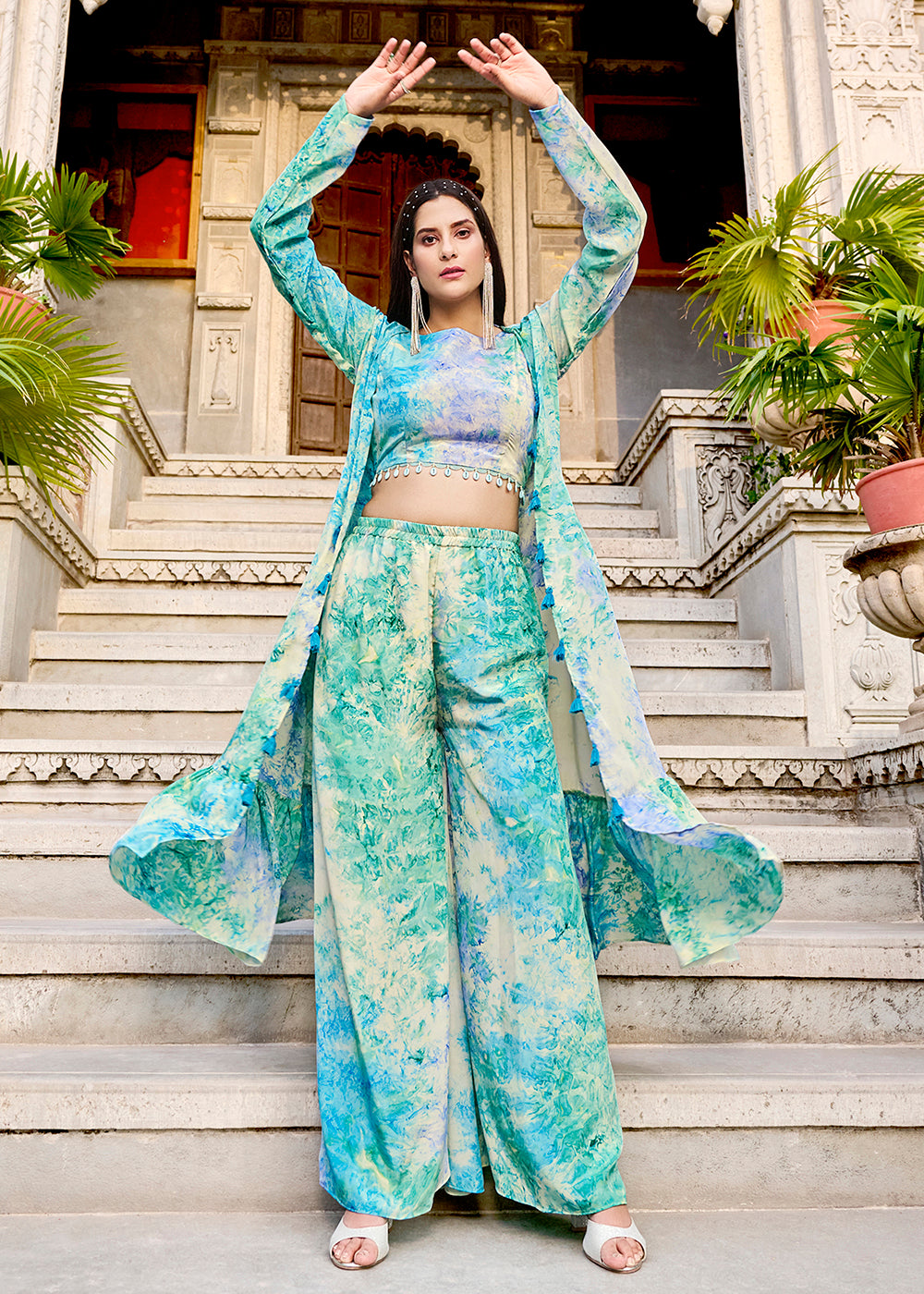 Buy Now Charming Sky Blue Printed Koti Style Co-Ords Indo-Western Suit Online in USA, UK, Canada, Germany, Australia & Worldwide at Empress Clothing.