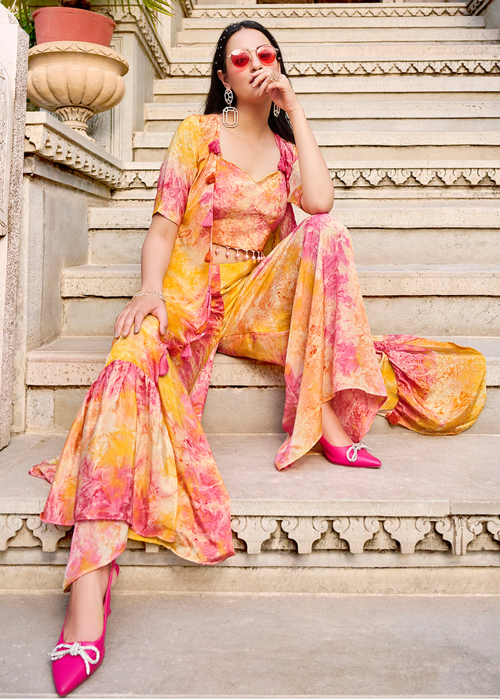 Buy Now Charming Yellow Printed Koti Style Co-Ords Indo-Western Suit Online in USA, UK, Canada, Germany, Australia & Worldwide at Empress Clothing.
