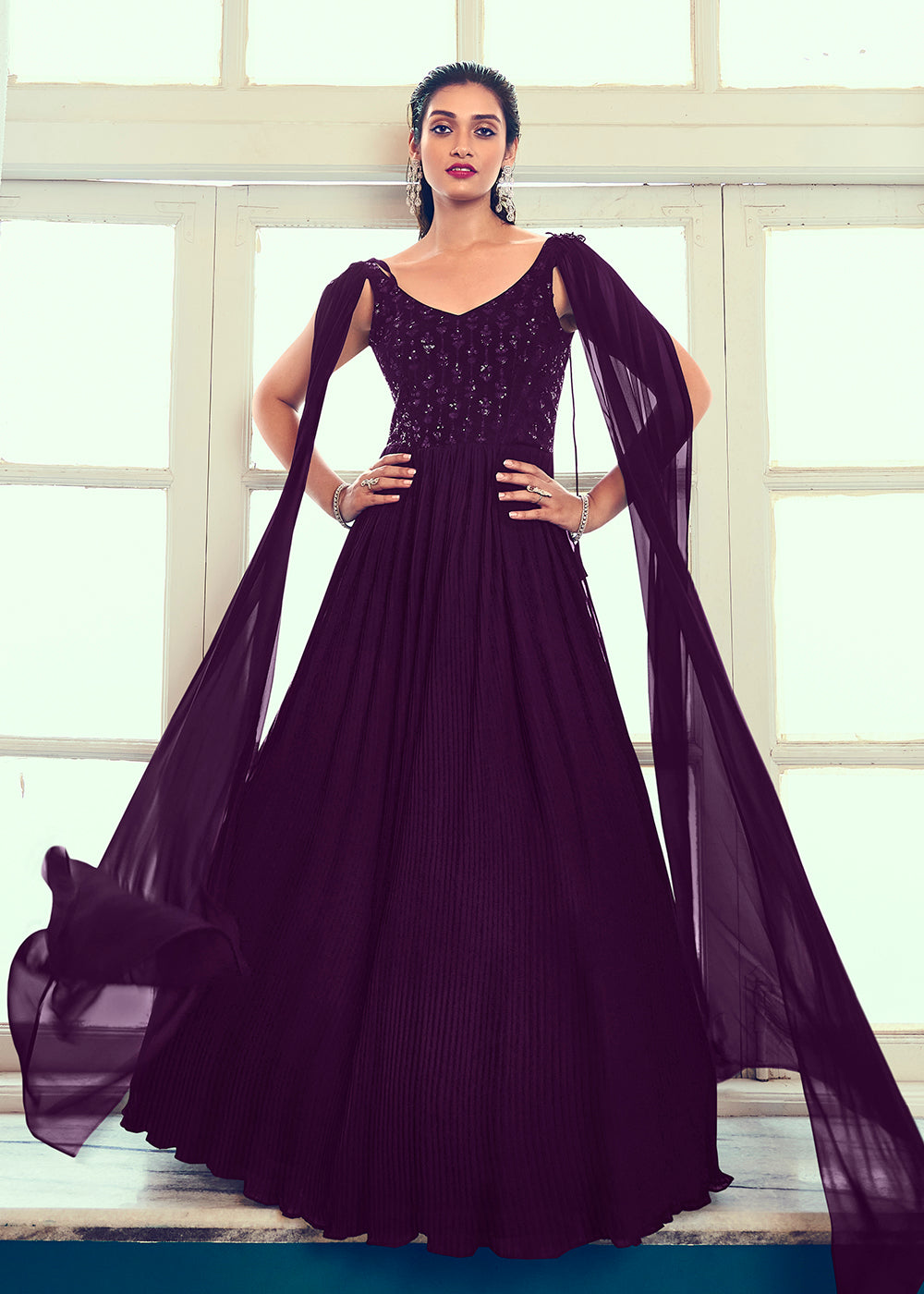Buy Now Georgette Pretty Purple Sequins & Thread Party Wear Gown Online in USA, UK, Australia, New Zealand, Canada & Worldwide at Empress Clothing. 