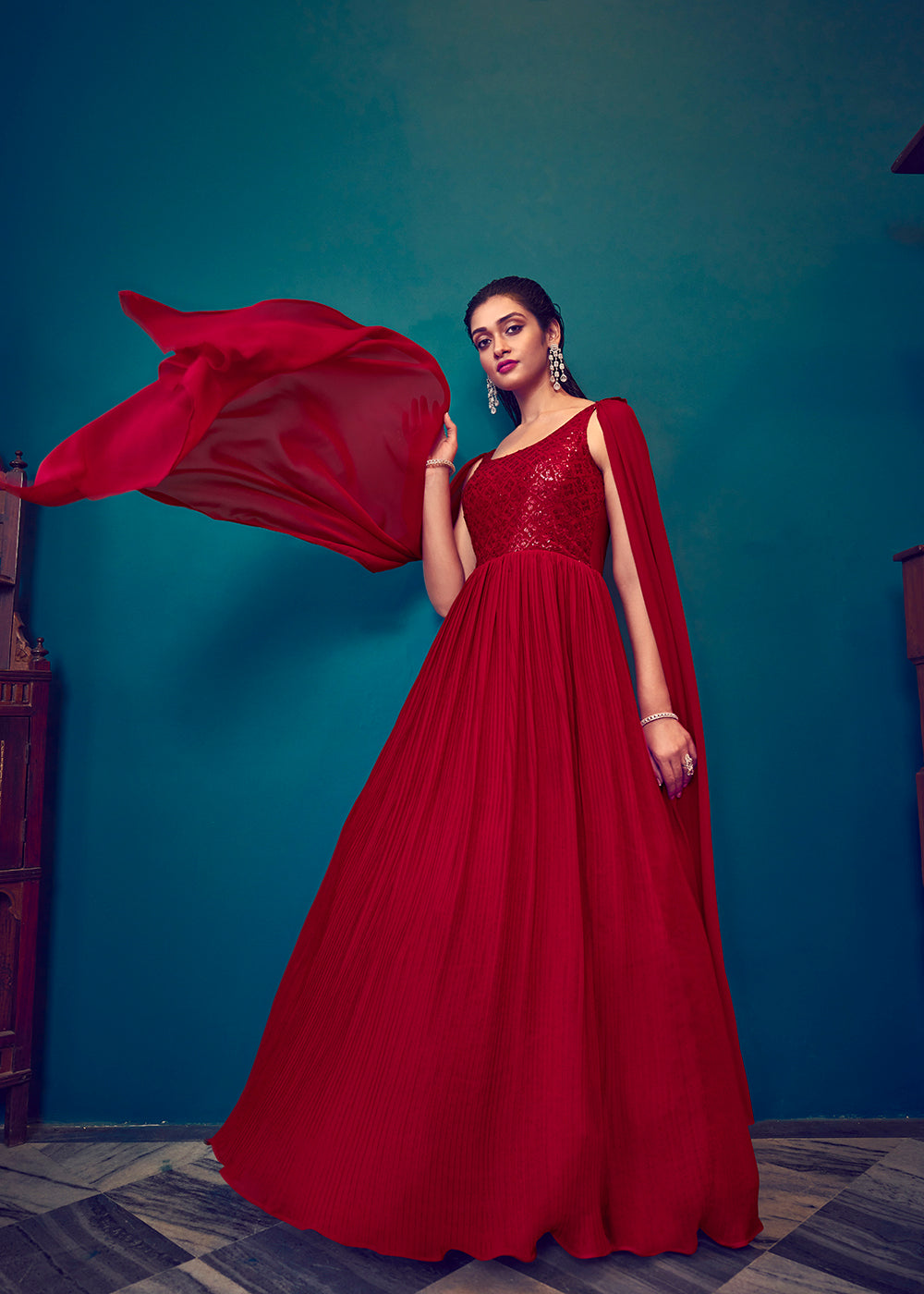 georgette red dress Seoraa Red Off Shoulder Bustier Maxi Dress