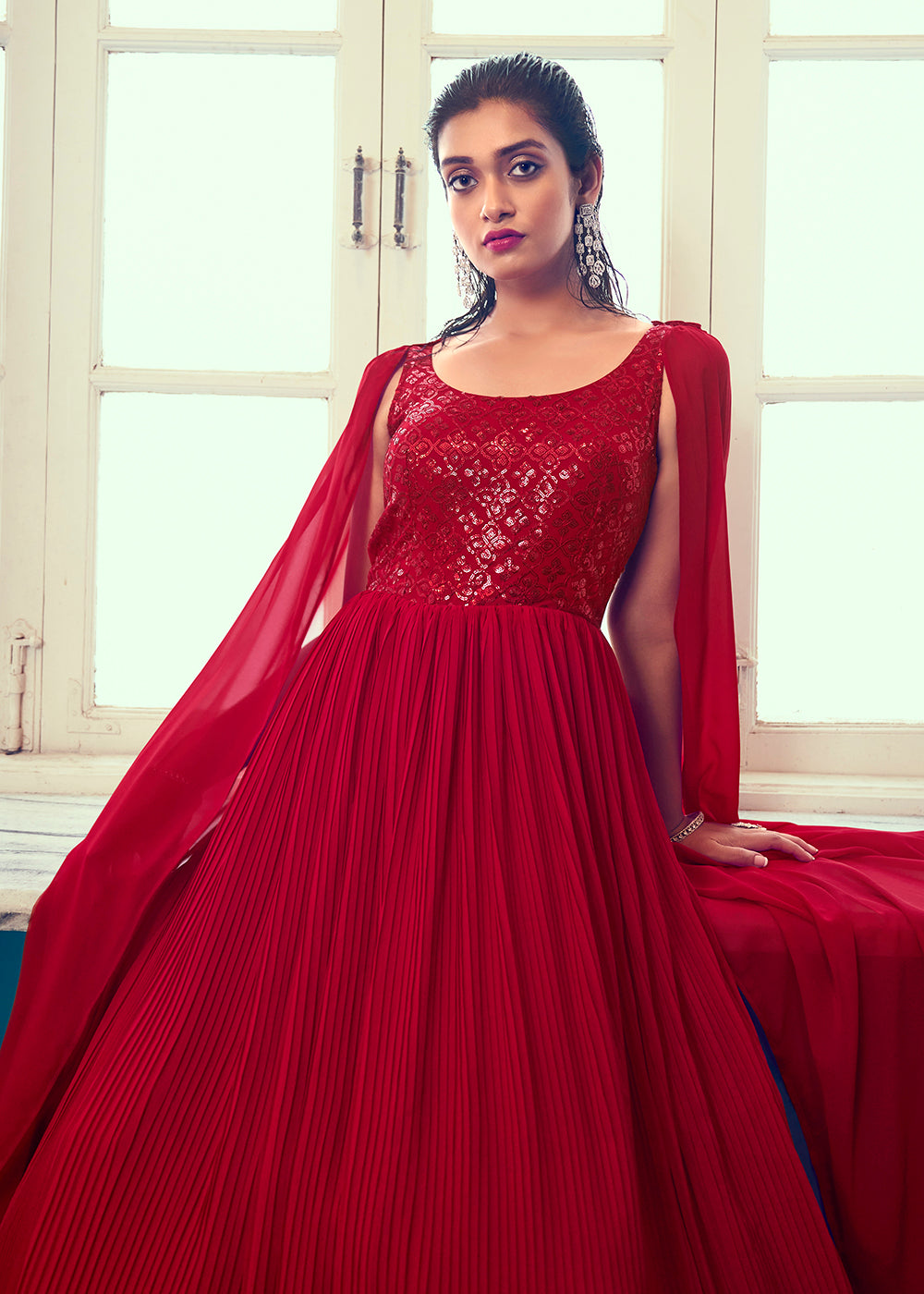 Buy Now Georgette Pretty Red Sequins & Thread Party Wear Gown Online in USA, UK, Australia, New Zealand, Canada & Worldwide at Empress Clothing.