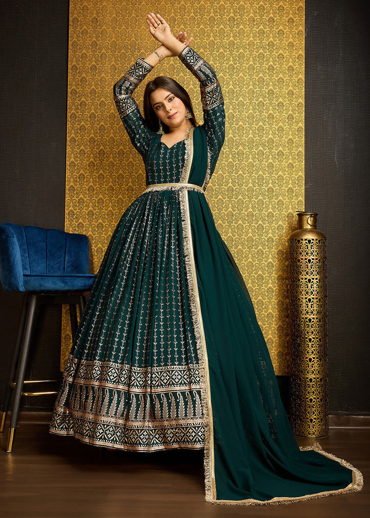 Buy Now Green Metalic Foil Work Embroidered Wedding Wear Gown Online in USA, UK, Australia, Canada & Worldwide at Empress Clothing.