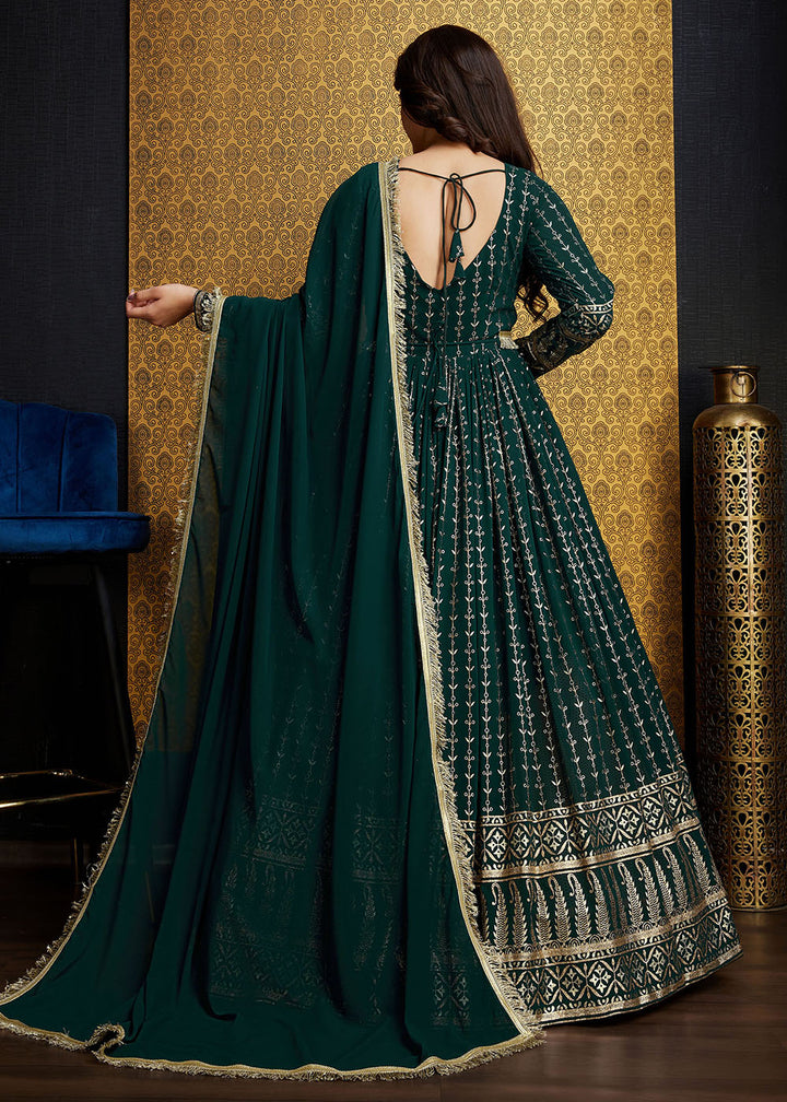 Buy Now Green Metalic Foil Work Embroidered Wedding Wear Gown Online in USA, UK, Australia, Canada & Worldwide at Empress Clothing.