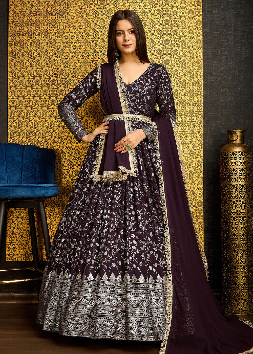 Buy Now Purple Metalic Foil Work Embroidered Wedding Wear Gown Online in USA, UK, Australia, Canada & Worldwide at Empress Clothing.