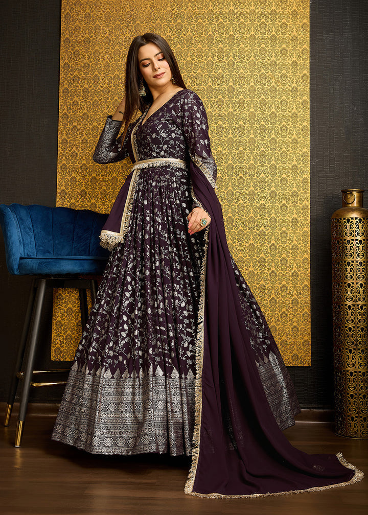 Buy Now Purple Metalic Foil Work Embroidered Wedding Wear Gown Online in USA, UK, Australia, Canada & Worldwide at Empress Clothing.