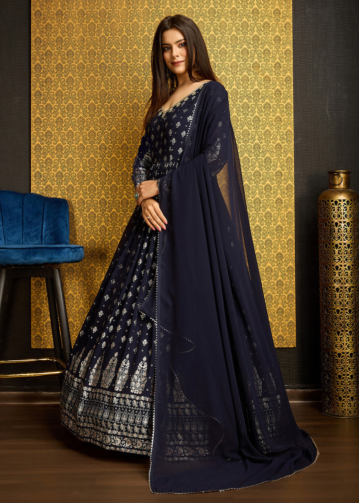 Buy Now Navy Blue Metalic Foil Work Embroidered Wedding Wear Gown Online in USA, UK, Australia, Canada & Worldwide at Empress Clothing. 