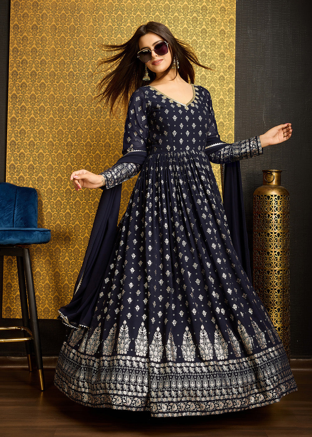 Buy Now Navy Blue Metalic Foil Work Embroidered Wedding Wear Gown Online in USA, UK, Australia, Canada & Worldwide at Empress Clothing. 