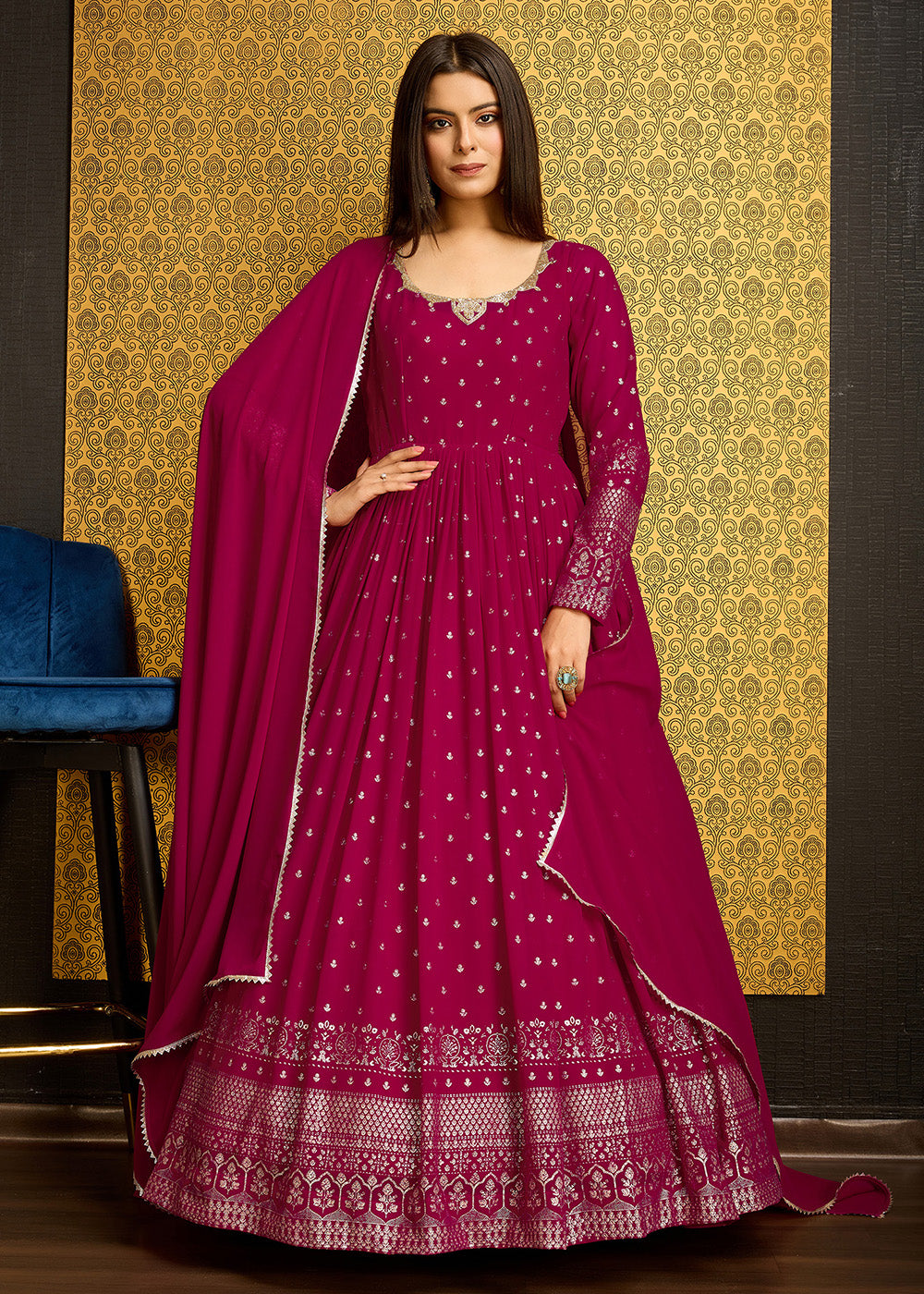 Buy Now Rani Pink Metalic Foil Work Embroidered Wedding Wear Gown Online in USA, UK, Australia, Canada & Worldwide at Empress Clothing.