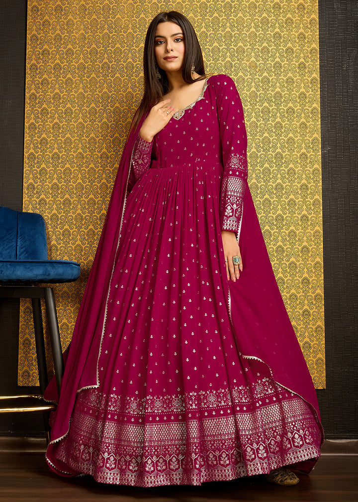 Buy Now Rani Pink Metalic Foil Work Embroidered Wedding Wear Gown Online in USA, UK, Australia, Canada & Worldwide at Empress Clothing.