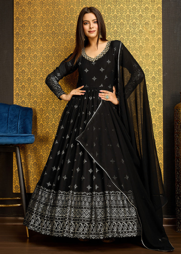 Buy Now Black Metalic Foil Work Embroidered Wedding Wear Gown Online in USA, UK, Australia, Canada & Worldwide at Empress Clothing. 