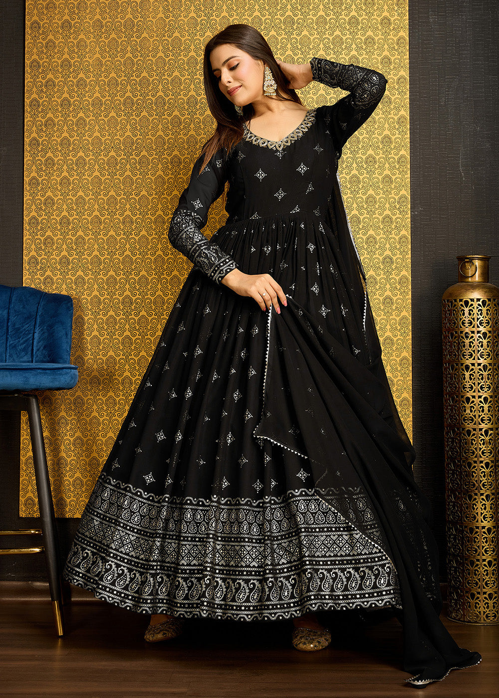 Buy Now Black Metalic Foil Work Embroidered Wedding Wear Gown Online in USA, UK, Australia, Canada & Worldwide at Empress Clothing. 