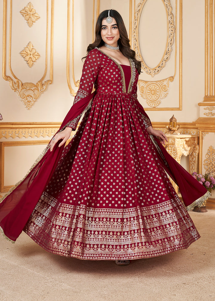 Buy Now Red Metalic Foil Work Embroidered Wedding Festive Anarkali Gown Online in USA, UK, Australia, Canada & Worldwide at Empress Clothing.