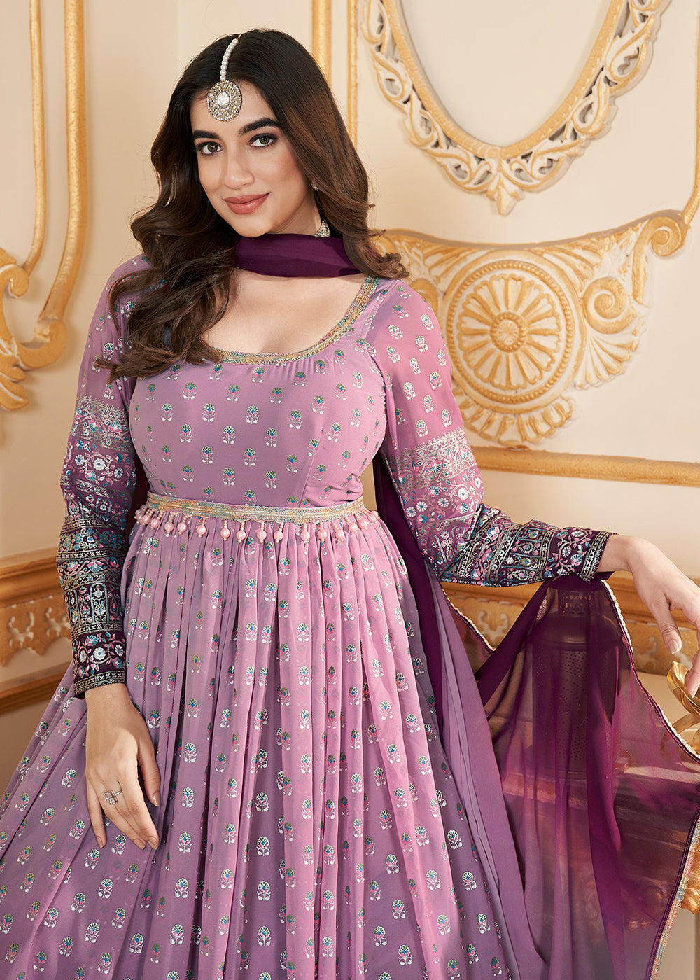 Buy Now Pink Metalic Foil Work Embroidered Wedding Festive Anarkali Gown Online in USA, UK, Australia, Canada & Worldwide at Empress Clothing.