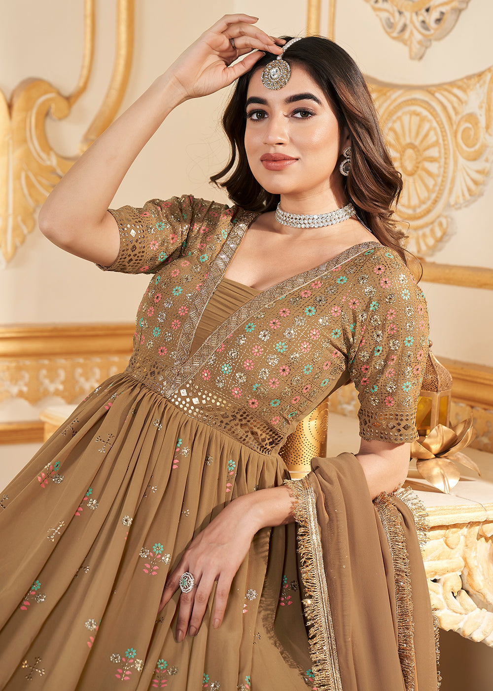 Buy Now Mustard Metalic Foil Work Embroidered Wedding Festive Anarkali Gown Online in USA, UK, Australia, Canada & Worldwide at Empress Clothing. 
