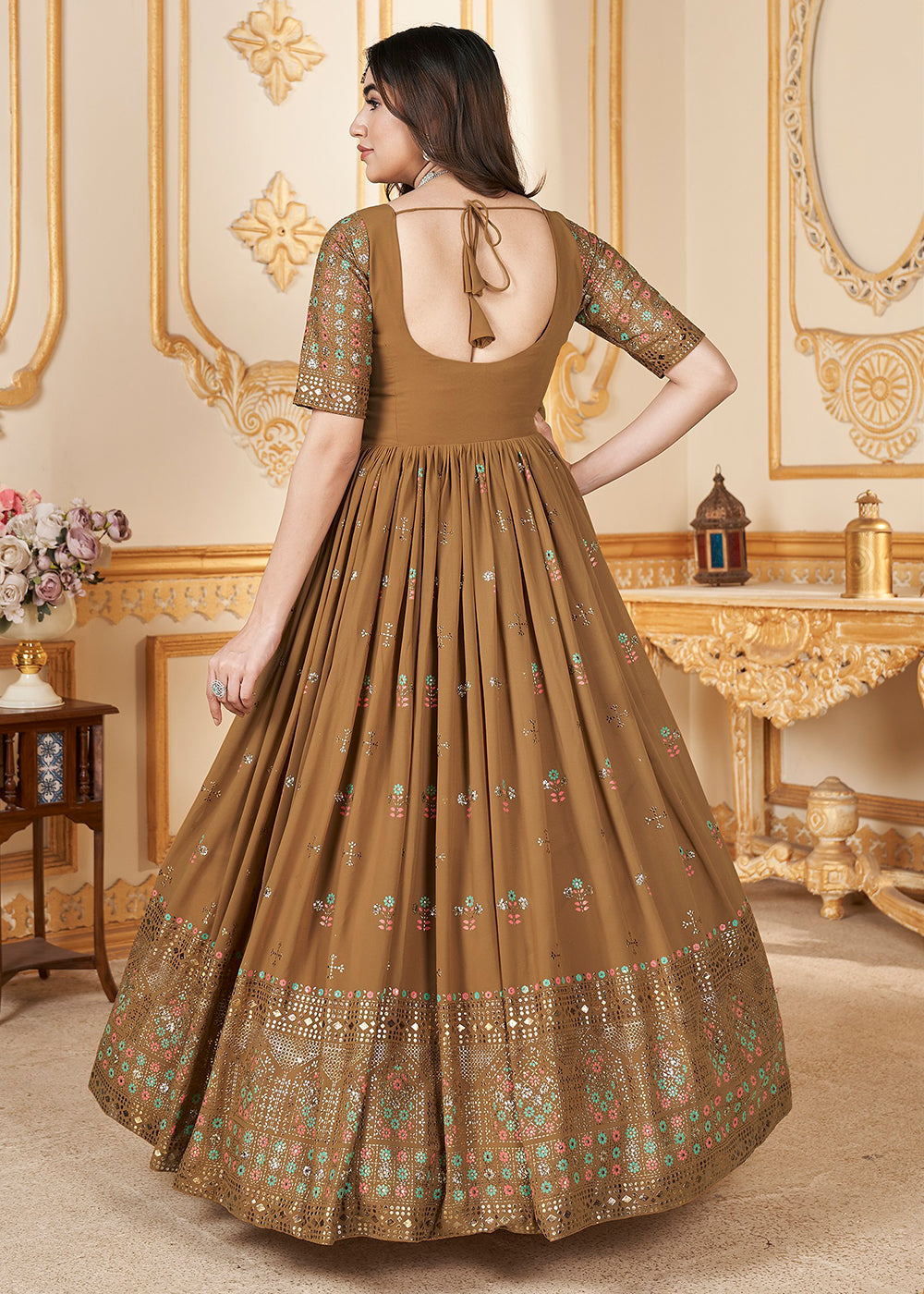 Buy Now Mustard Metalic Foil Work Embroidered Wedding Festive Anarkali Gown Online in USA, UK, Australia, Canada & Worldwide at Empress Clothing. 