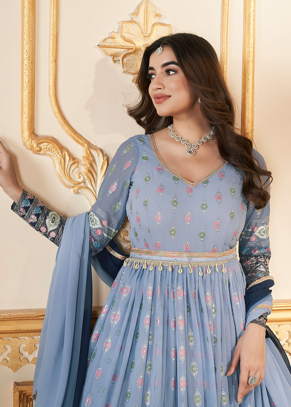 Buy Now Blue Metalic Foil Work Embroidered Wedding Festive Anarkali Gown Online in USA, UK, Australia, Canada & Worldwide at Empress Clothing. 