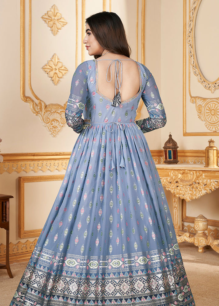 Buy Now Blue Metalic Foil Work Embroidered Wedding Festive Anarkali Gown Online in USA, UK, Australia, Canada & Worldwide at Empress Clothing. 