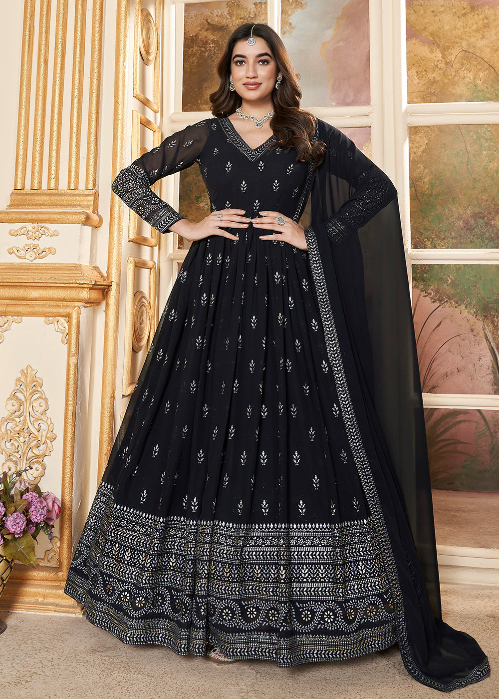Buy Now Navy Blue Metalic Foil Work Embroidered Wedding Festive Anarkali Gown Online in USA, UK, Australia, Canada & Worldwide at Empress Clothing.