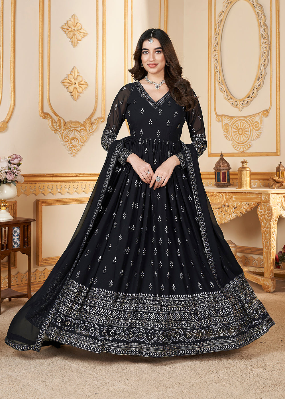 Buy Now Navy Blue Metalic Foil Work Embroidered Wedding Festive Anarkali Gown Online in USA, UK, Australia, Canada & Worldwide at Empress Clothing.
