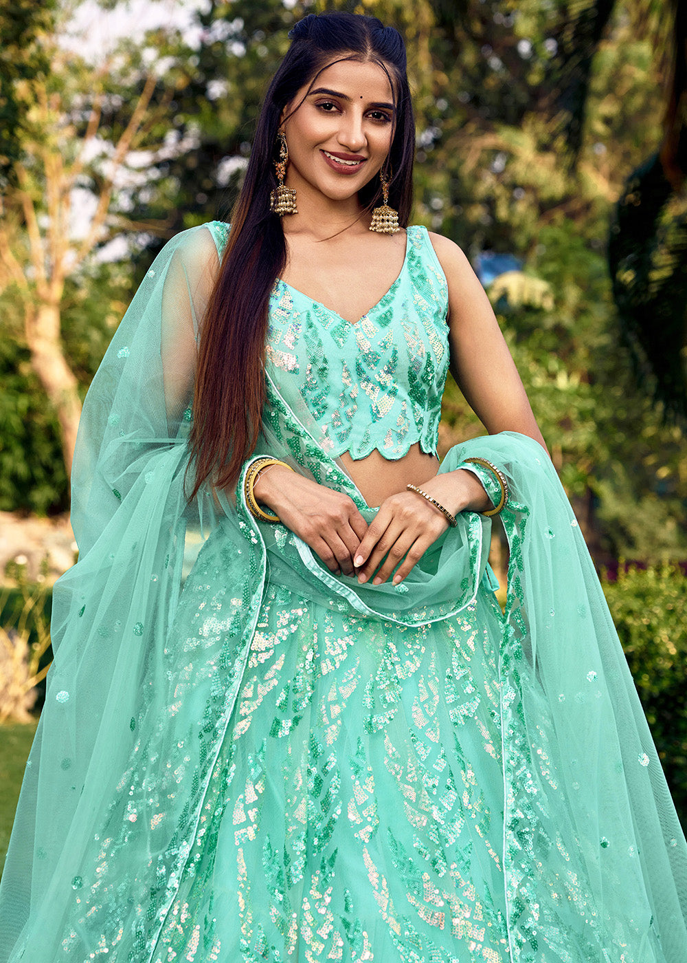 Buy Now Turquoise Multi Sequins & Thread Wedding Lehenga Choli Online in USA, UK, Canada & Worldwide at Empress Clothing. 