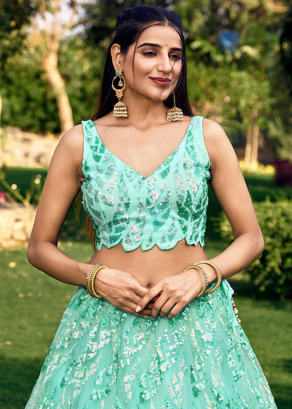 Buy Now Turquoise Multi Sequins & Thread Wedding Lehenga Choli Online in USA, UK, Canada & Worldwide at Empress Clothing. 