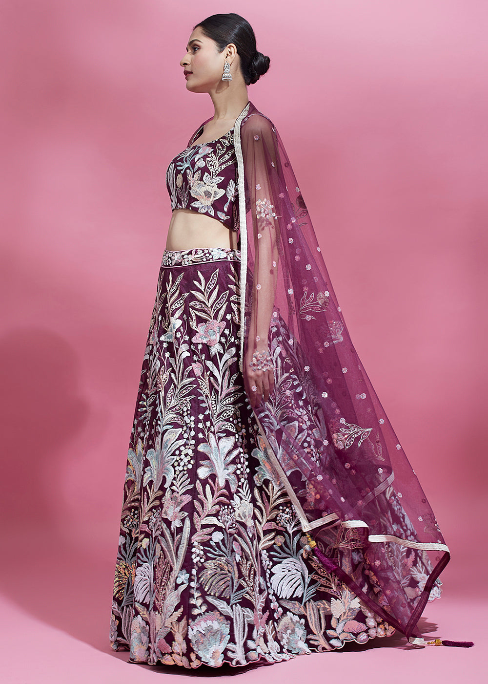 Buy Now Burgundy Sequinned Embroidered Bridesmaid Lehenga Choli Online in USA, UK, Canada & Worldwide at Empress Clothing. 