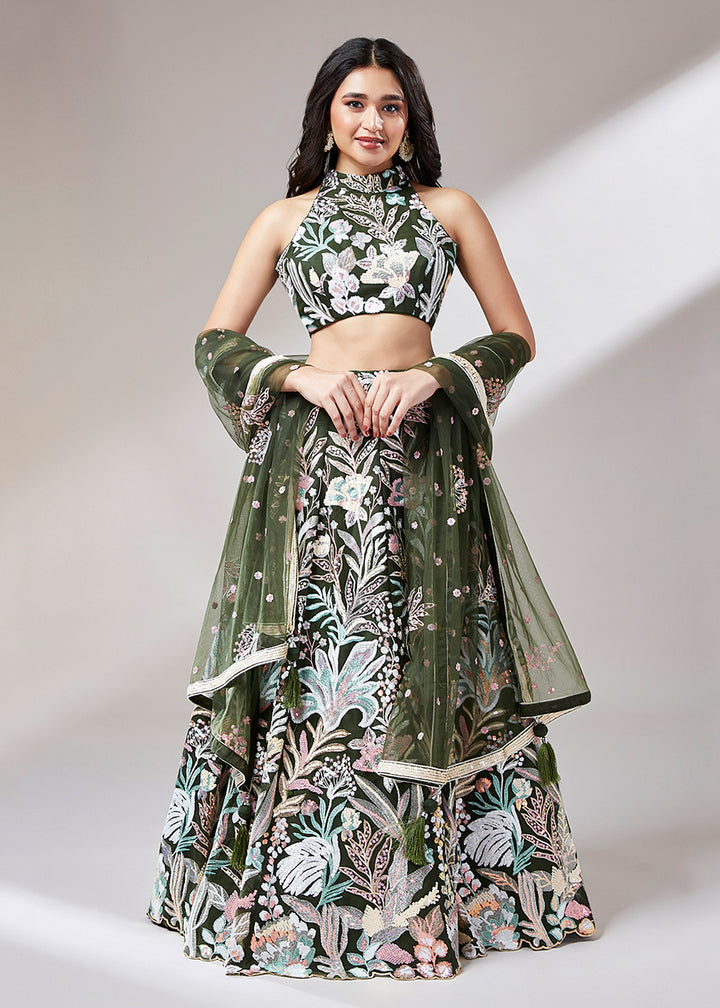 Buy Now Olive Green Sequinned Embroidered Bridesmaid Lehenga Choli Online in USA, UK, Canada & Worldwide at Empress Clothing.