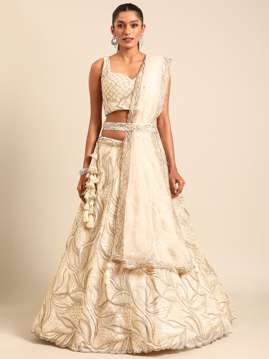 Buy Now Cream Sequins & Zarkan Embroidered Reception Lehenga Choli Online in USA, UK, Canada & Worldwide at Empress Clothing. 