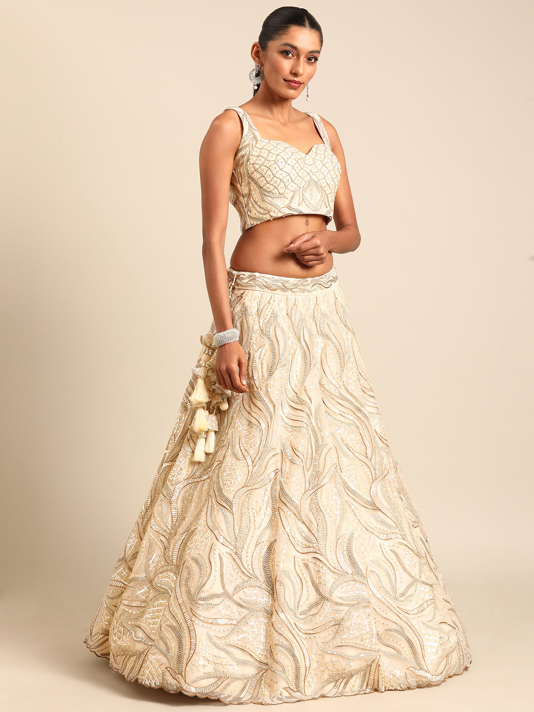 Buy Now Cream Sequins & Zarkan Embroidered Reception Lehenga Choli Online in USA, UK, Canada & Worldwide at Empress Clothing. 