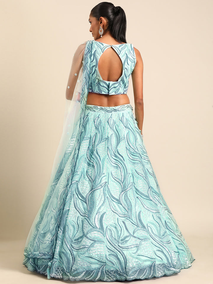 Buy Now Turquoise Sequins & Zarkan Embroidered Reception Lehenga Choli Online in USA, UK, Canada & Worldwide at Empress Clothing. 