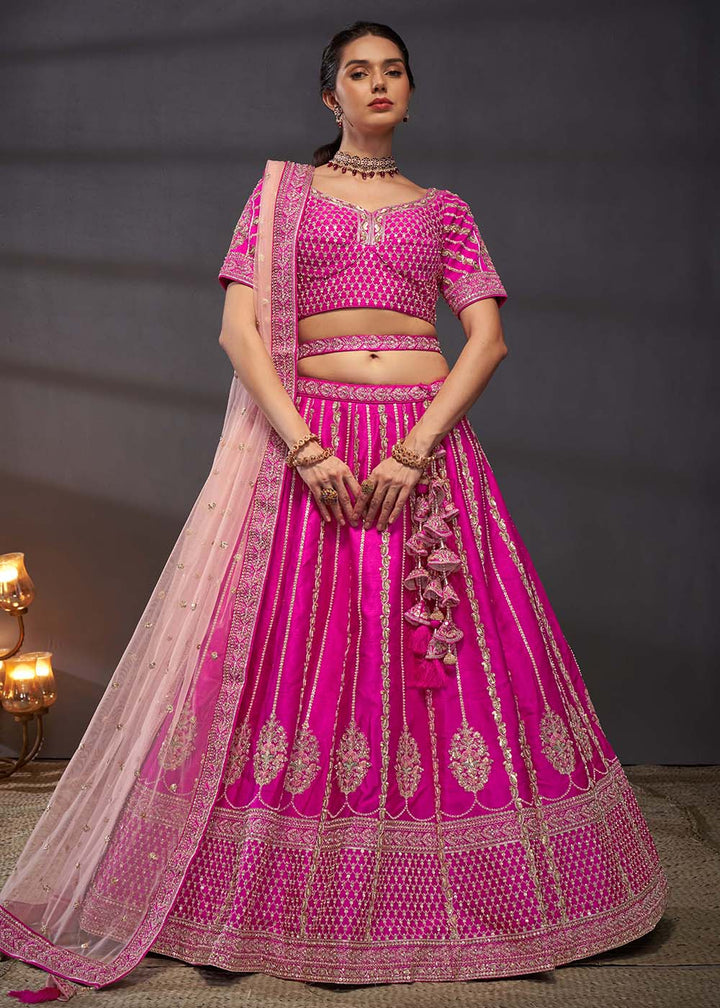 Buy Now Pink Pure Silk Sabyasachi Style Bridal Lehenga Choli Online in USA, UK, Canada & Worldwide at Empress Clothing.
