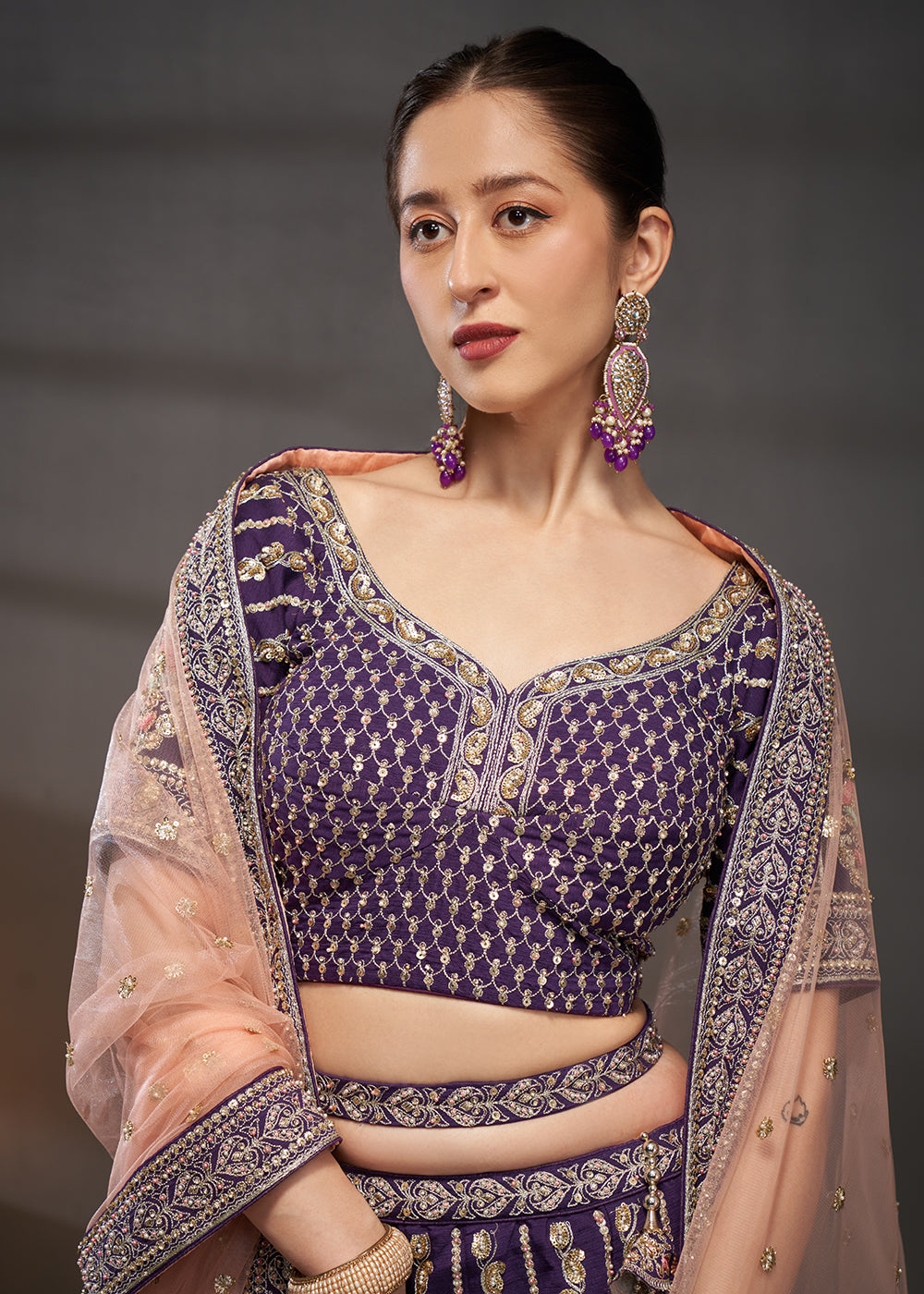 Buy Now Purple Pure Silk Sabyasachi Style Bridal Lehenga Choli Online in USA, UK, Canada & Worldwide at Empress Clothing.