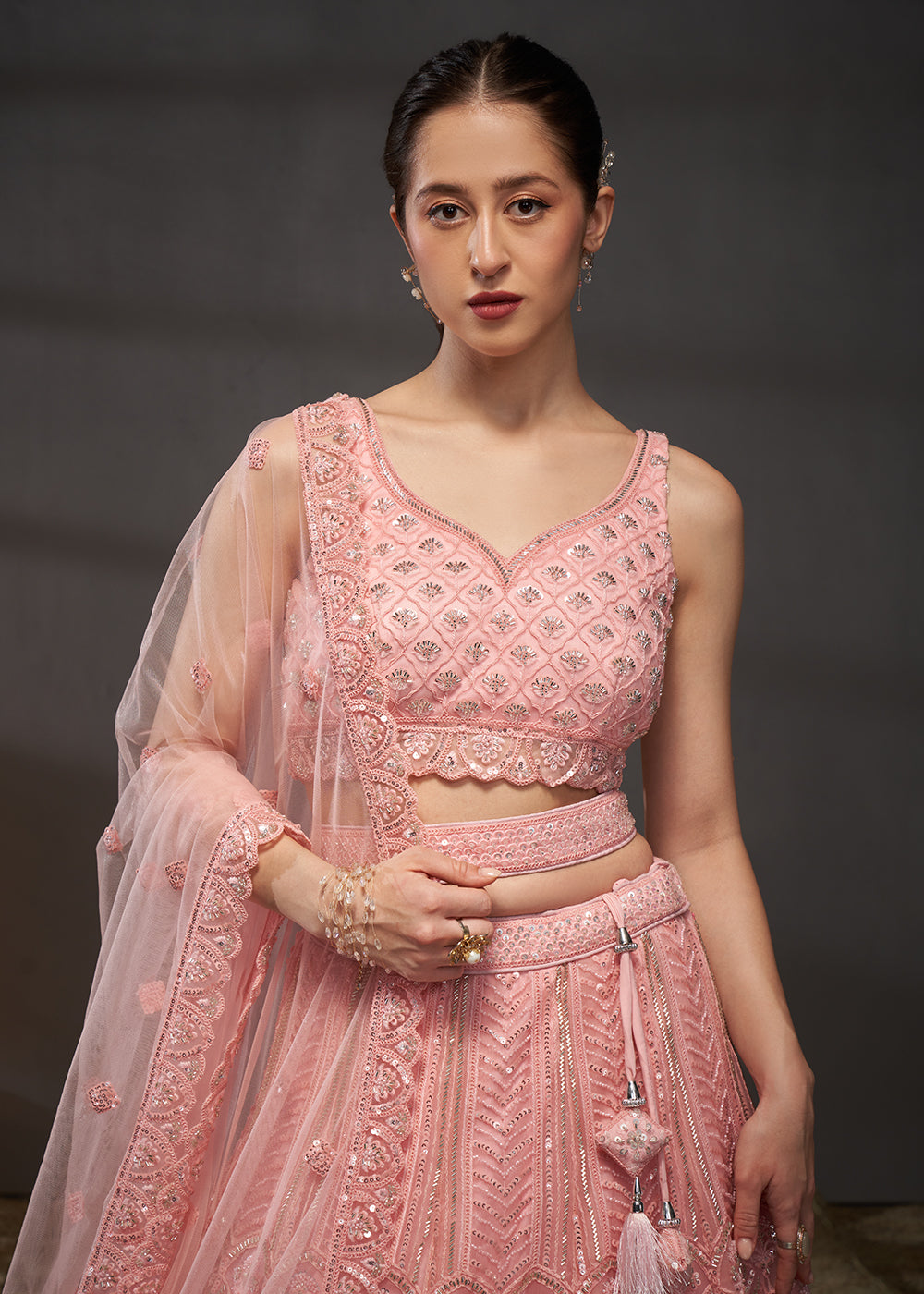 Buy Now Net Pink Heavy Embroidered Designer Bridal Lehenga Choli Online in USA, UK, Canada & Worldwide at Empress Clothing.