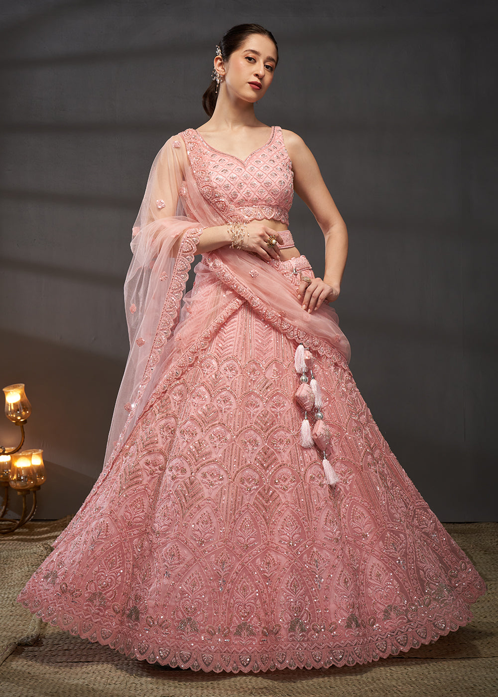 Buy Now Net Pink Heavy Embroidered Designer Bridal Lehenga Choli Online in USA, UK, Canada & Worldwide at Empress Clothing.