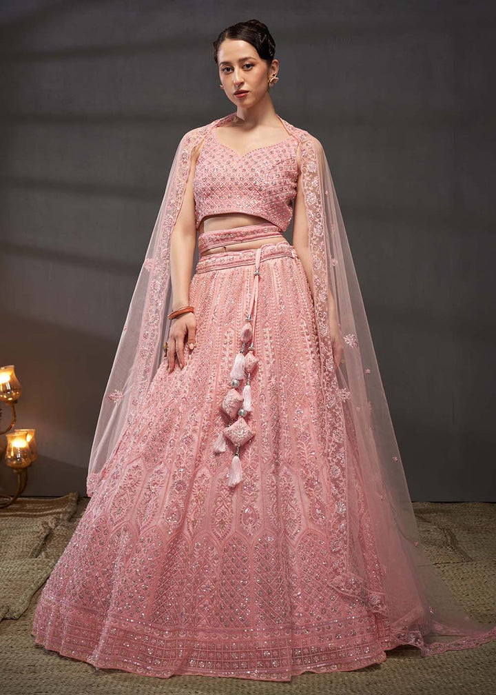 Buy Now Embroidered Heavy Net Pink Designer Lehenga Choli Online in USA, UK, Canada & Worldwide at Empress Clothing. 