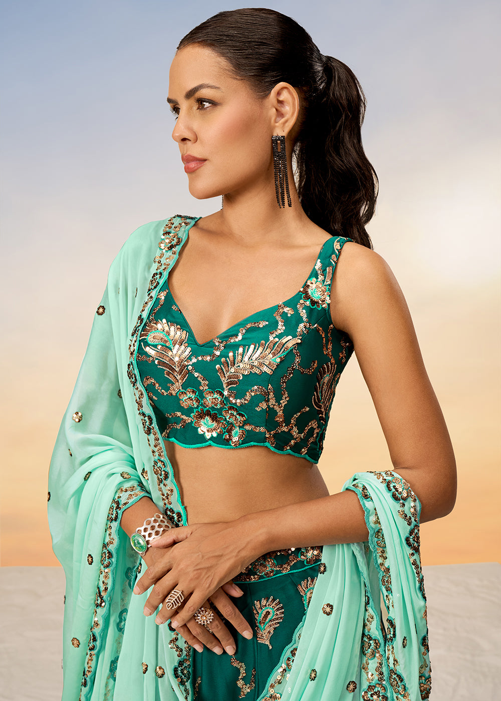 Buy Now Pretty Green Sequins Embroidered Designer Lehenga Choli Online in USA, UK, Canada & Worldwide at Empress Clothing.