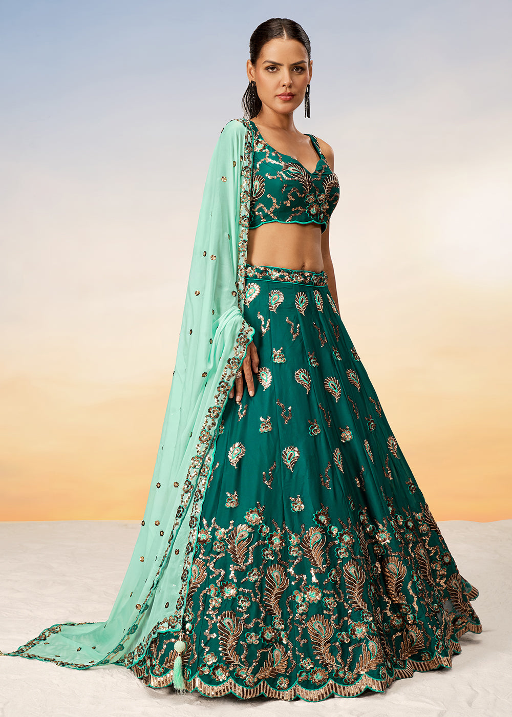 Buy Now Pretty Green Sequins Embroidered Designer Lehenga Choli Online in USA, UK, Canada & Worldwide at Empress Clothing.