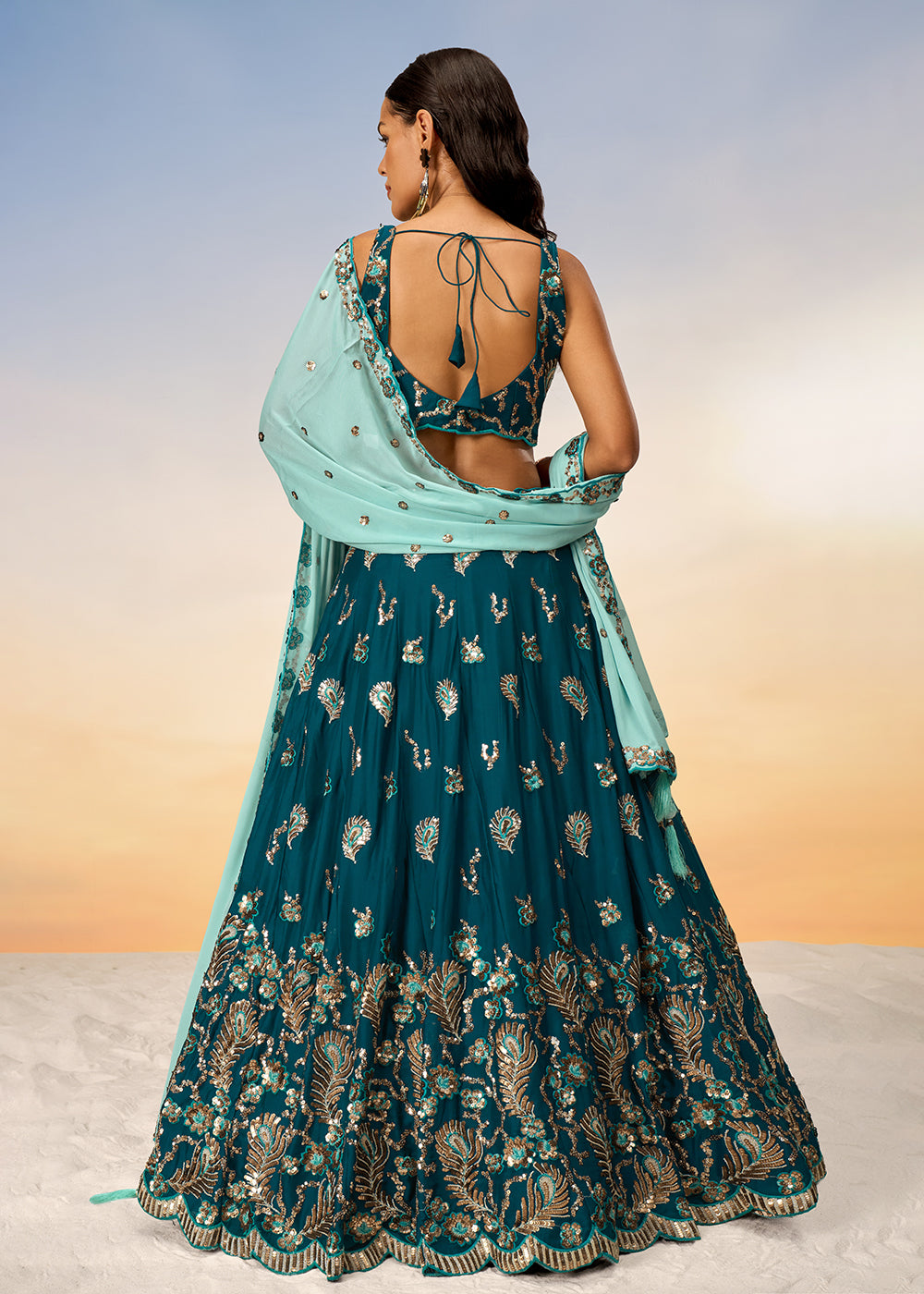Buy Now Pretty Teal Sequins Embroidered Designer Lehenga Choli Online in USA, UK, Canada & Worldwide at Empress Clothing.