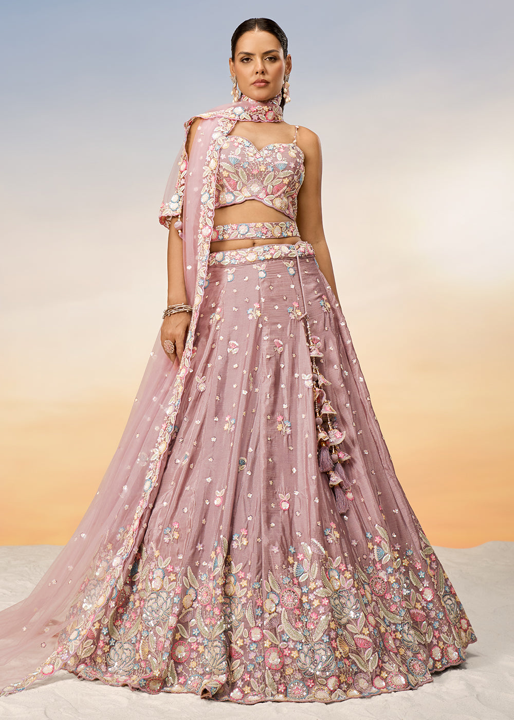Wedding Party Lehenga - Rose Gold Chiffon Embroidered Lehenga Choli Empress Clothing Wedding Party Lehenga - Rose Gold Chiffon Embroidered Lehenga Choli Empress Clothing
