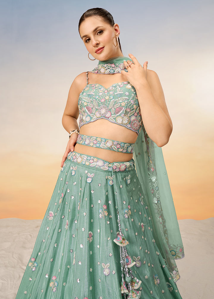 Buy Now Sea Green Poly Chiffon Embroidered Wedding Party Lehenga Choli Online in USA, UK, Canada & Worldwide at Empress Clothing. 