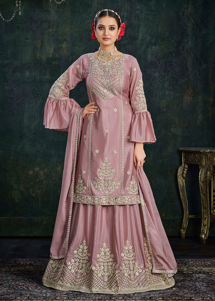 Buy Now Sharara Top Style Gorgeous Pink Chinon Festive Lehenga Suit Online in USA, UK, Canada & Worldwide at Empress Clothing.
