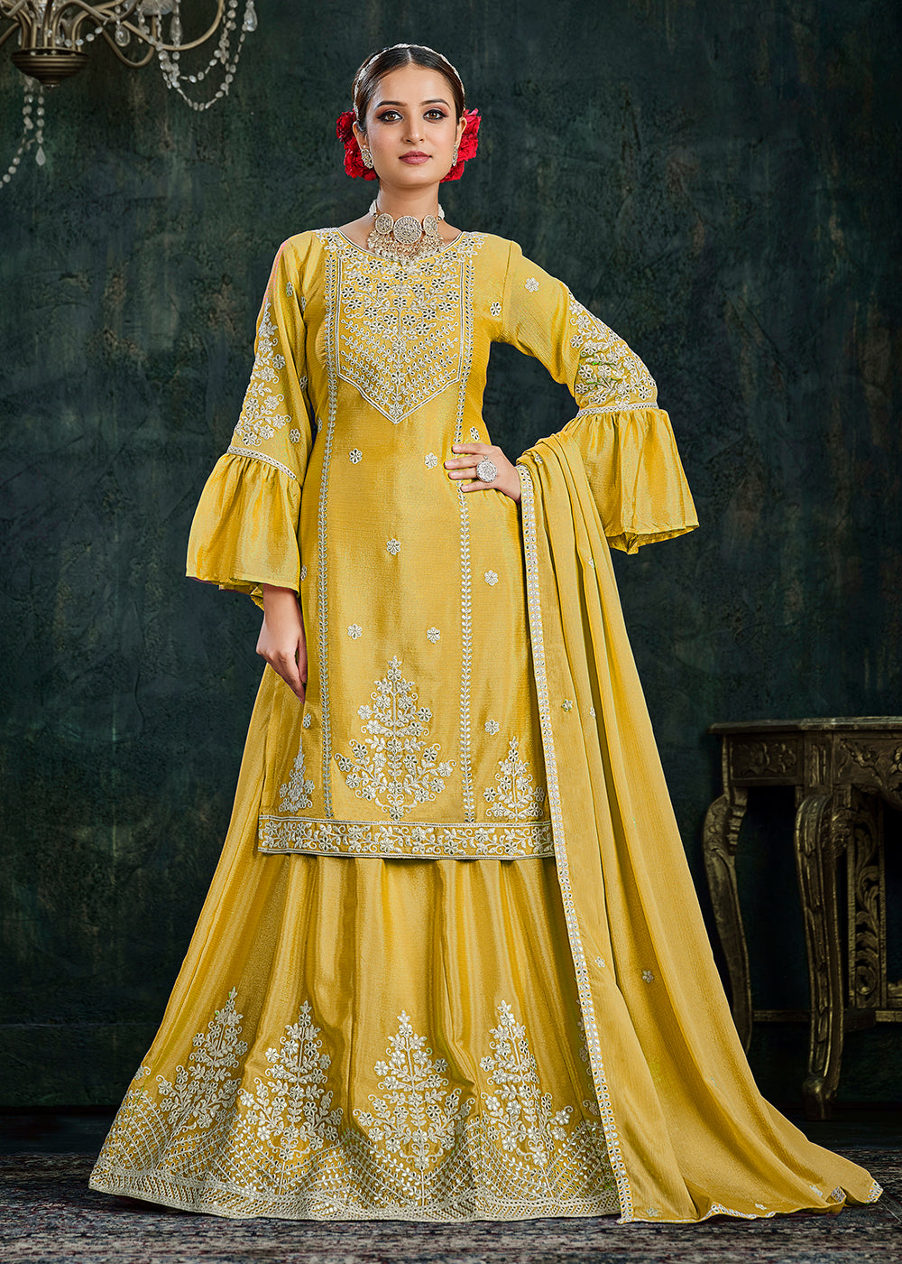 Buy Now Sharara Top Style Gorgeous Yellow Chinon Festive Lehenga Suit Online in USA, UK, Canada & Worldwide at Empress Clothing. 
