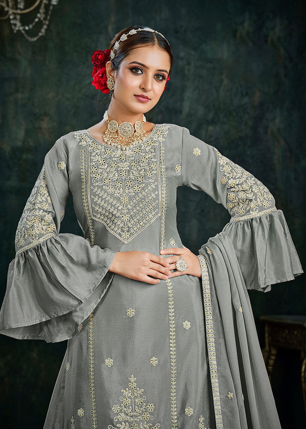 Buy Now Sharara Top Style Gorgeous Grey Chinon Festive Lehenga Suit Online in USA, UK, Canada & Worldwide at Empress Clothing. 