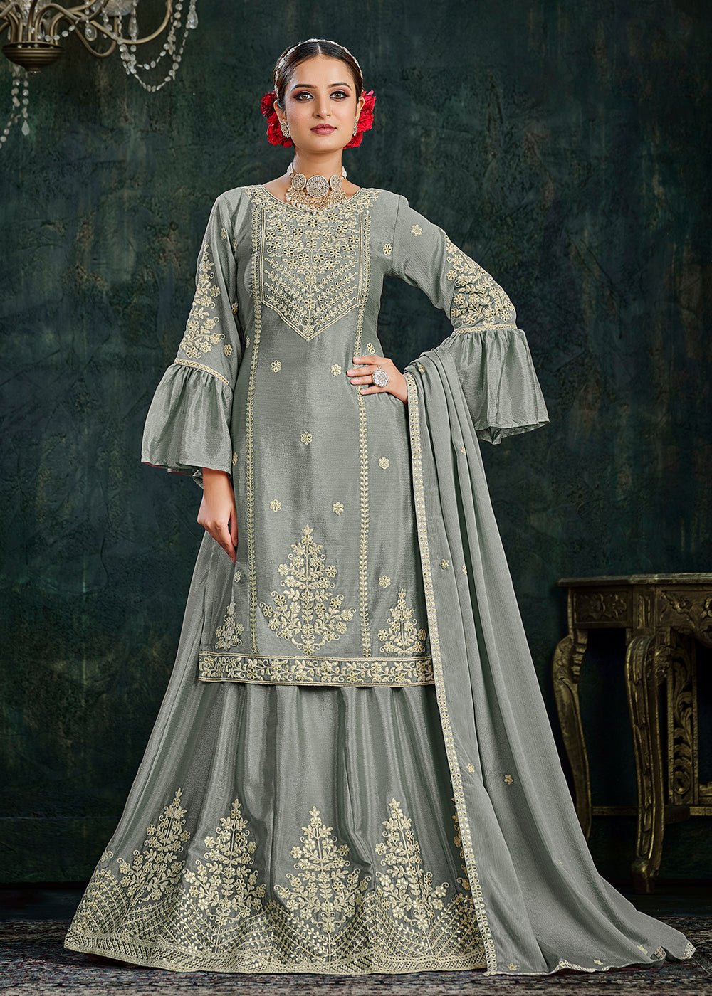 Buy Now Sharara Top Style Gorgeous Grey Chinon Festive Lehenga Suit Online in USA, UK, Canada & Worldwide at Empress Clothing. 