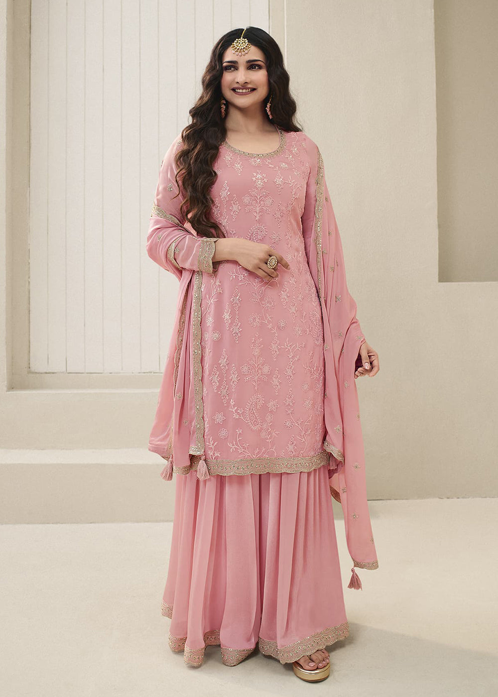 Shop Now Prachi Desai Soft Pink Organza Embroidered Sharara Suit Online at Empress Clothing in USA, UK, Canada, Italy & Worldwide.
