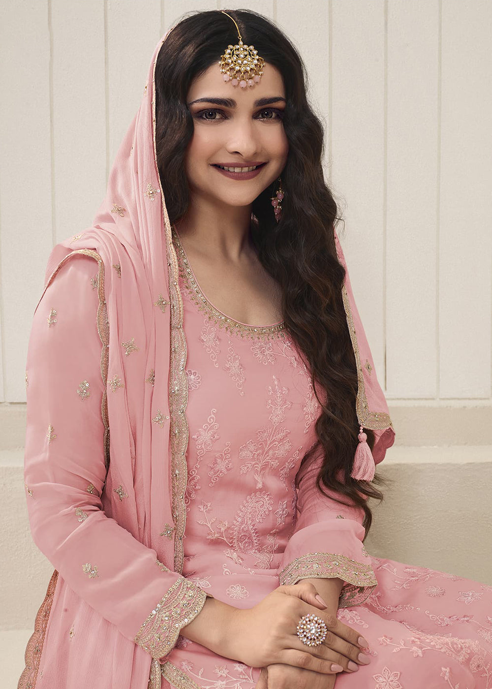 Shop Now Prachi Desai Soft Pink Organza Embroidered Sharara Suit Online at Empress Clothing in USA, UK, Canada, Italy & Worldwide.